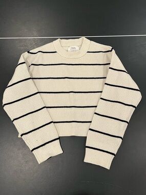 Zara Girls Cream and Black Striped Ribbed Crewneck Sweater